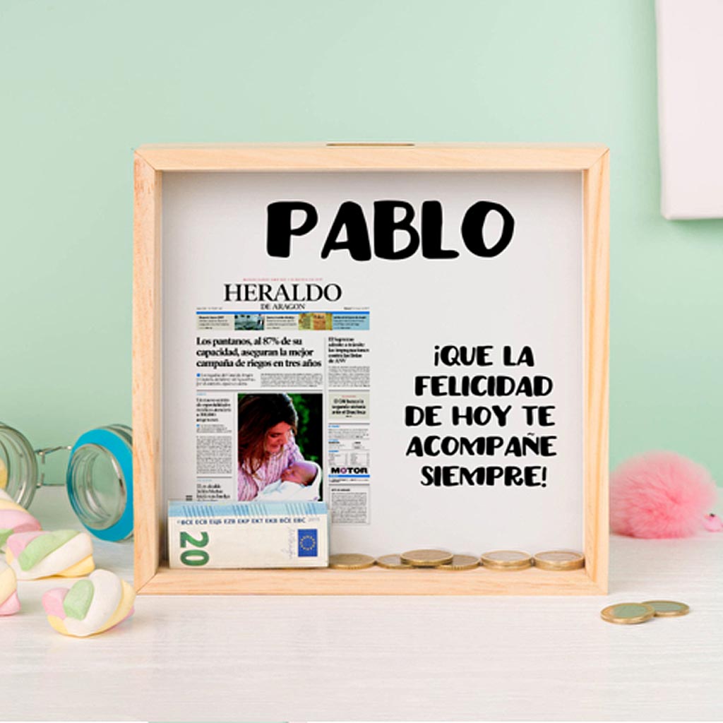 Hucha madera personalizada con portada Heraldo y dedicatoria